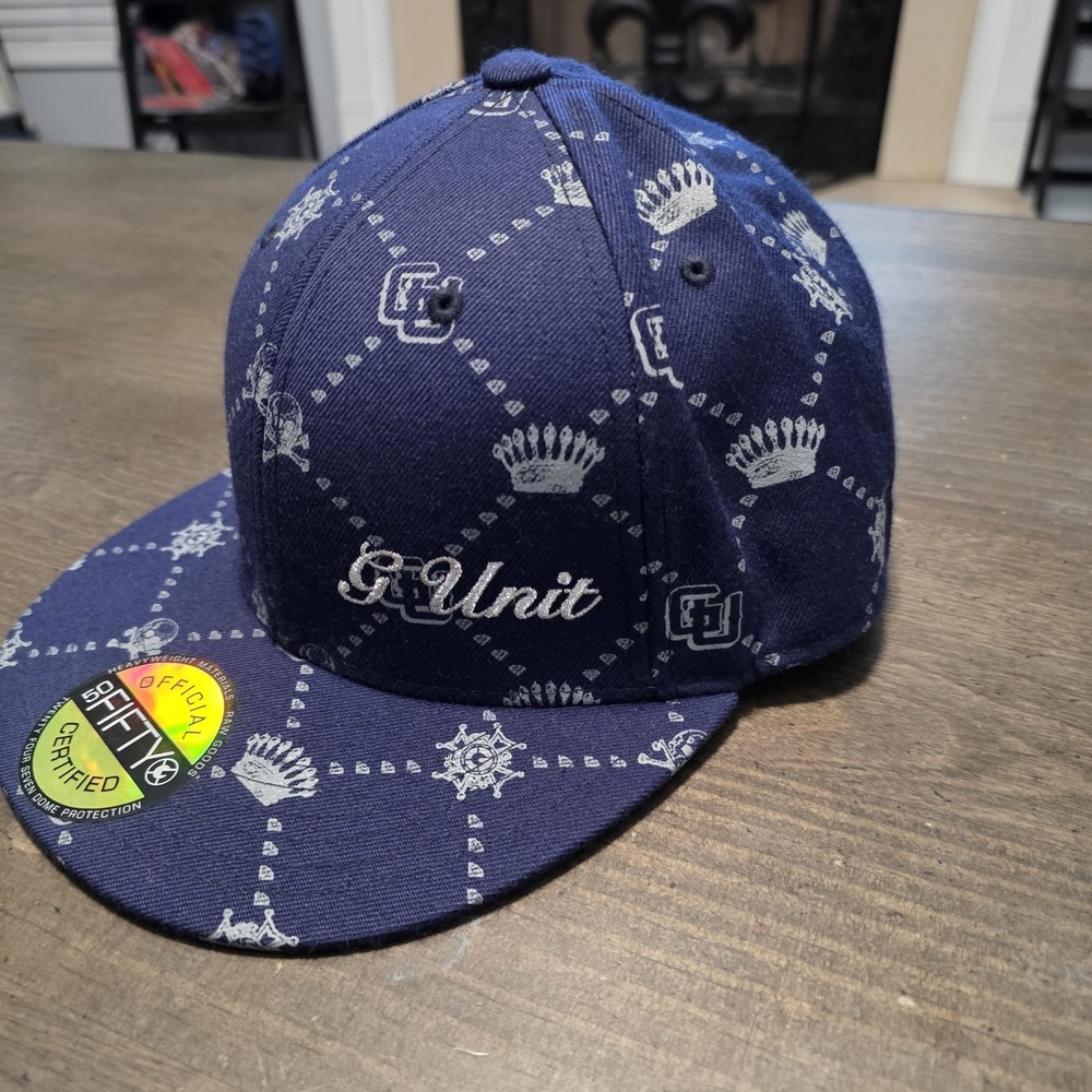 G‑Unit Fitted Hat 59FIFTY Navy Blue Crown Pattern Rare Vtg Hip Hop Cap Sz 7‎ 5/8